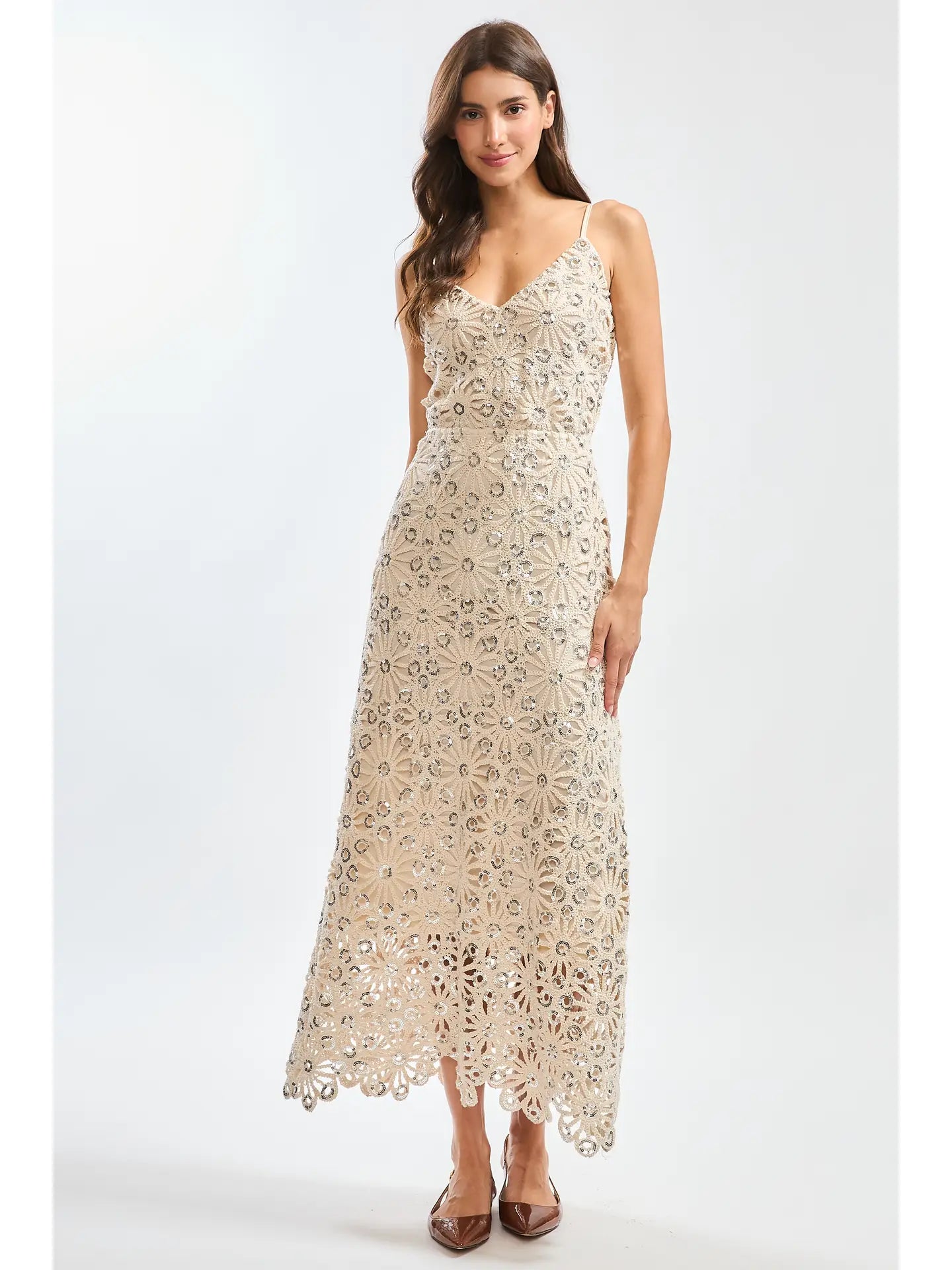 luna lace maxi dress Floral Midi with Sequin Accents – Ivella red satin dress Beach Vacation Light Mint Ruffled Chiffon Color:Natural/Seafoam