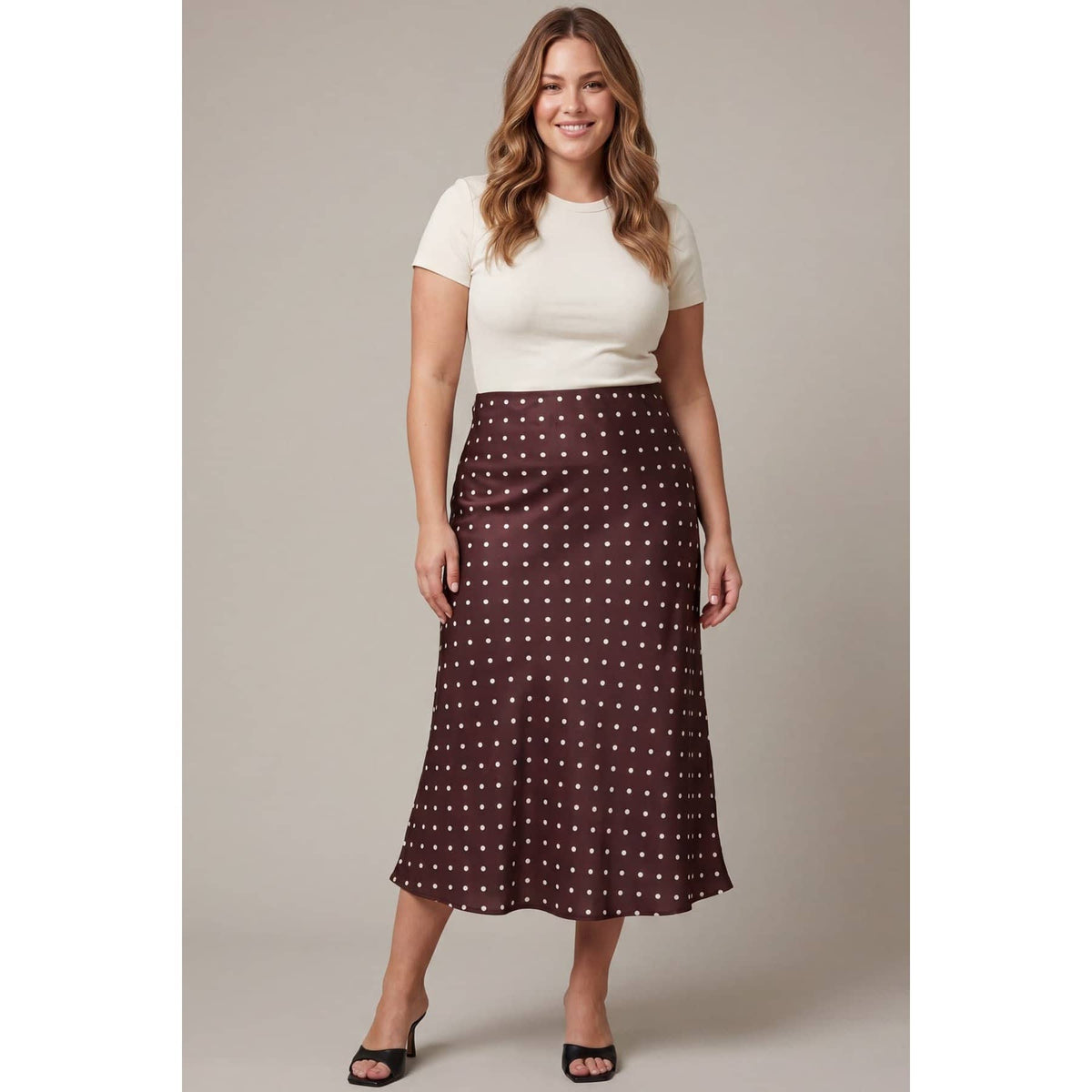 Polka Dot Printed Elastic Wasitband Midi Skirts - Plus Size
