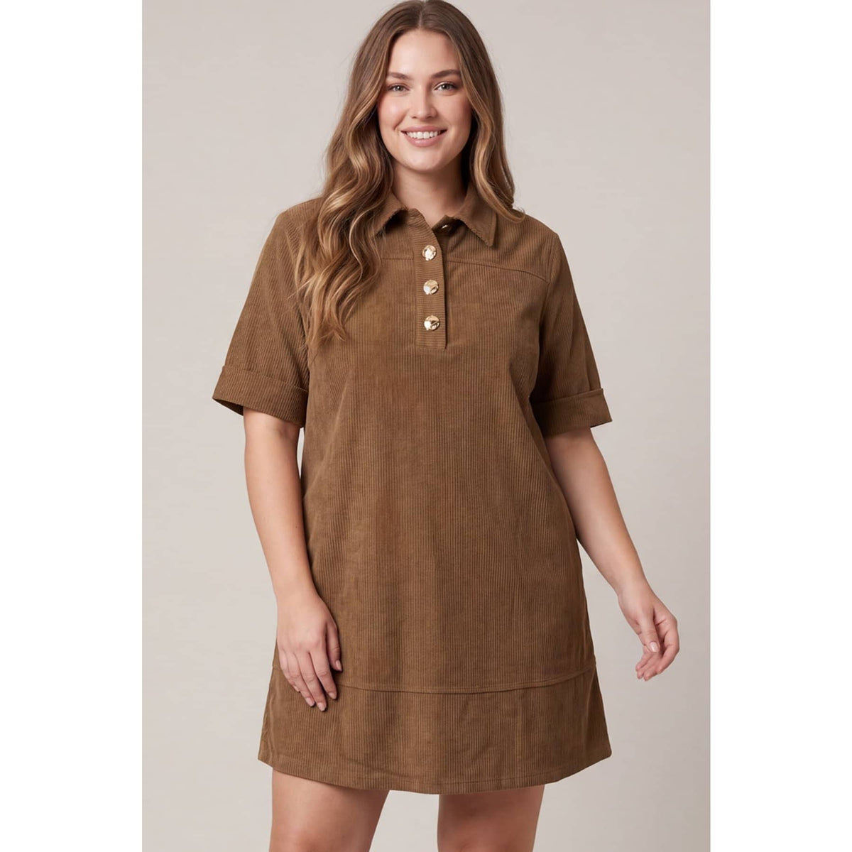 Corduroy Collared Short Sleeve Woven Shift Dress - Plus Size