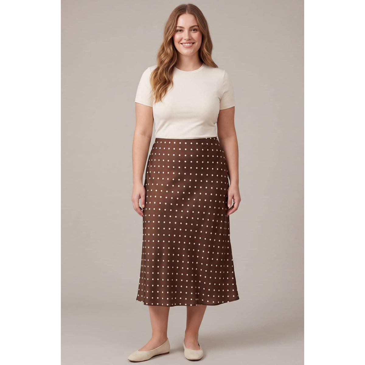 Polka Dot Printed Elastic Wasitband Midi Skirts - Plus Size