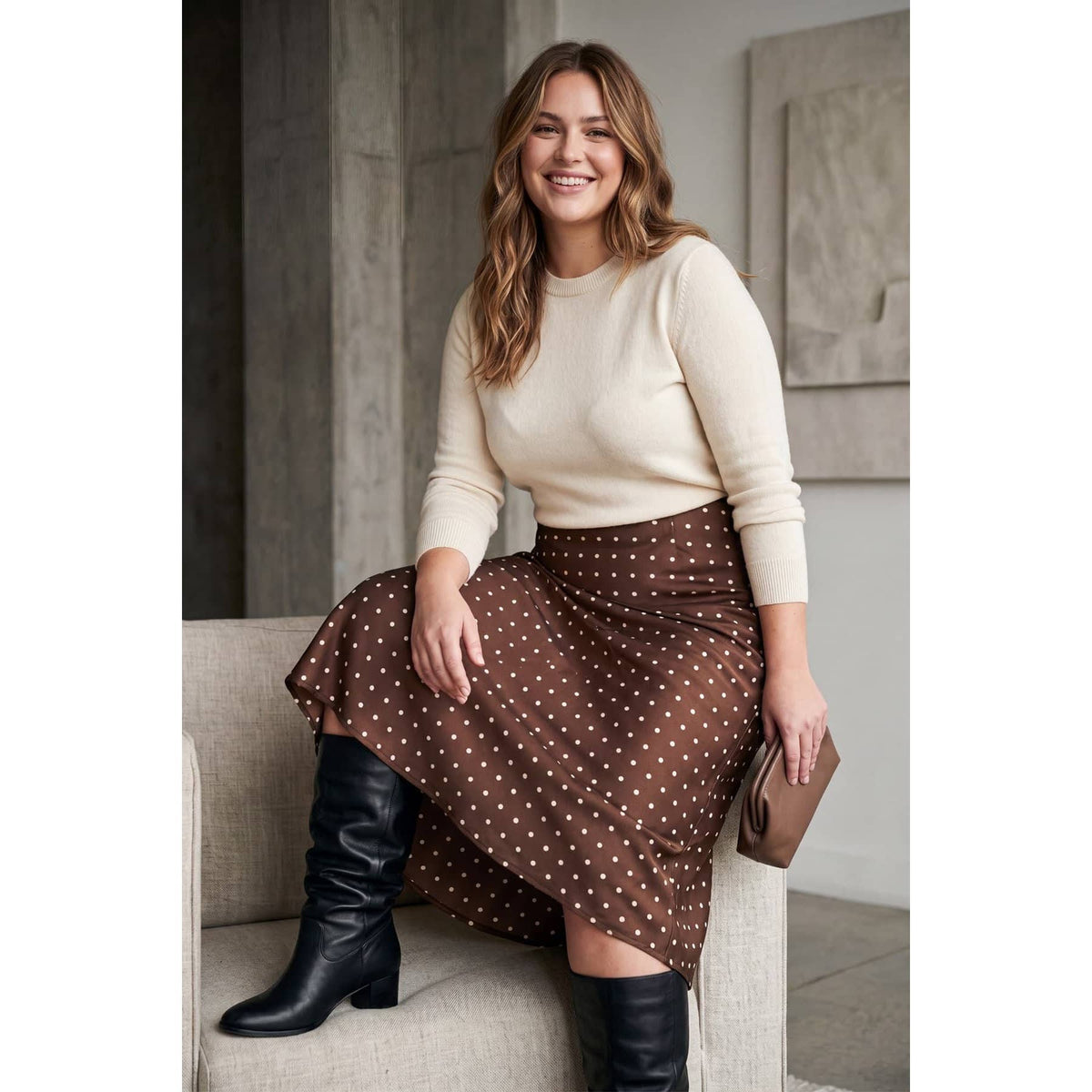 Polka Dot Printed Elastic Wasitband Midi Skirts - Plus Size