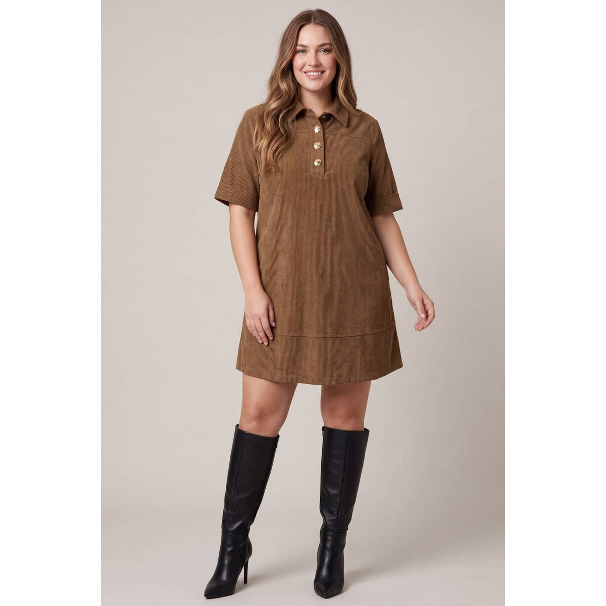 Corduroy Collared Short Sleeve Woven Shift Dress - Plus Size