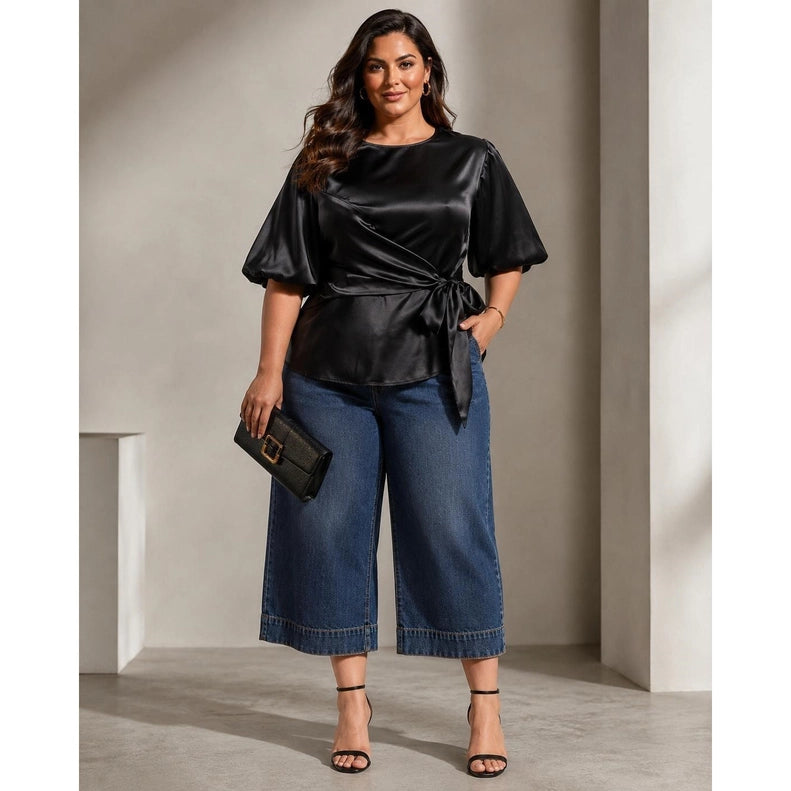 Lumi Satin Puff Sleeve Side Tie Blouse - Plus Size