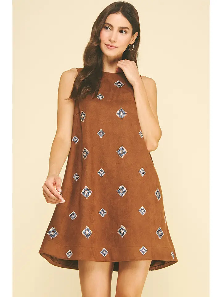 Emmy Embroidered Suede A-Line Mini Dress
