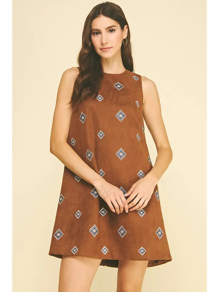 Emmy Embroidered Suede A-Line Mini Dress