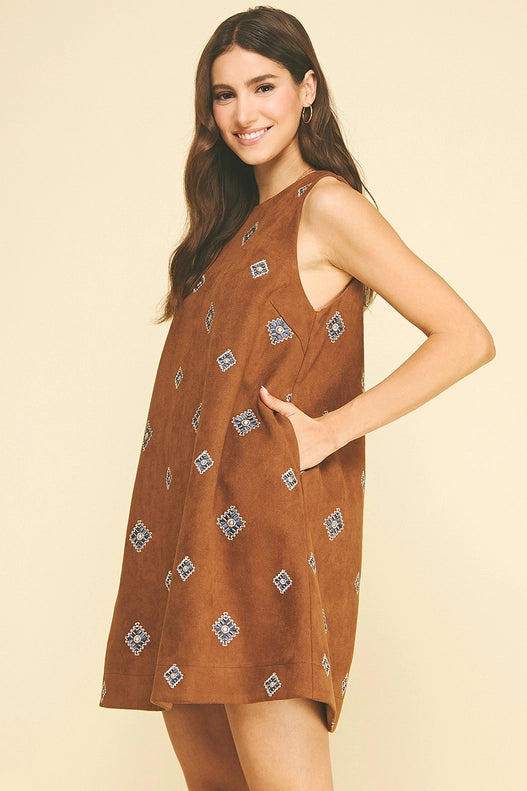 Emmy Embroidered Suede A-Line Mini Dress