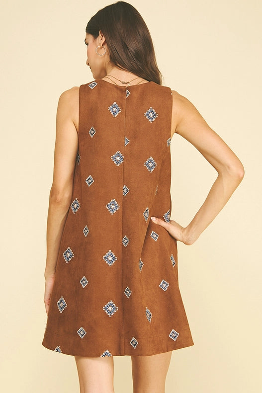 Emmy Embroidered Suede A-Line Mini Dress