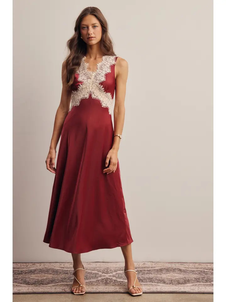 Leah Lace Trim Satin Dress