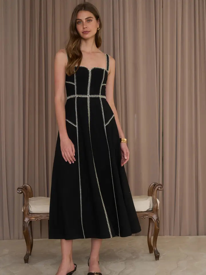 Onyx Contrast Stitch Corset Midi Dress
