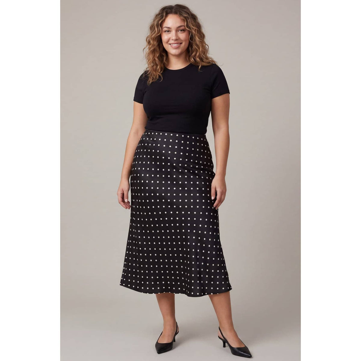 Polka Dot Printed Elastic Wasitband Midi Skirts - Plus Size