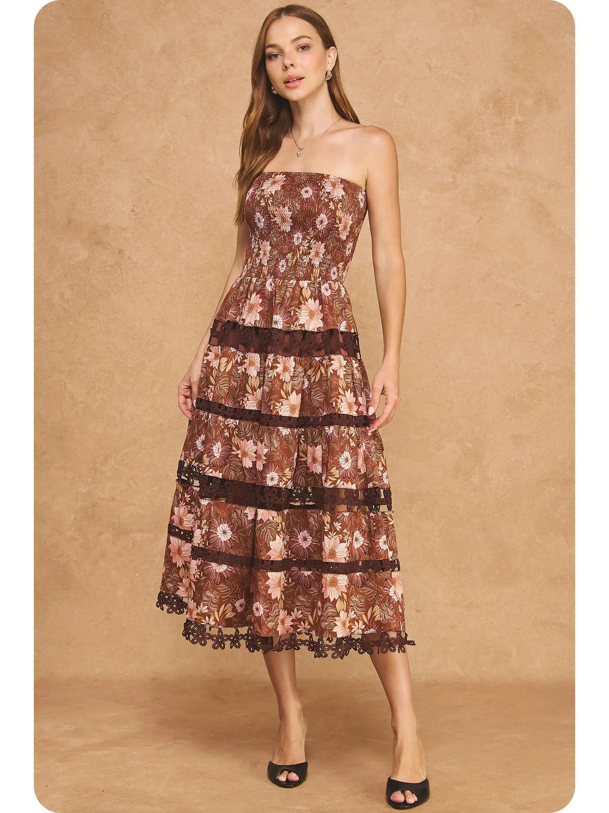Raveena Smocked Lace Midi Dress