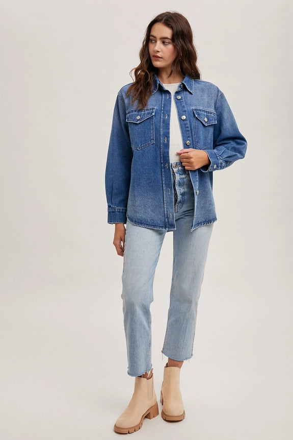 Carrie Washed Denim Button Down Shirt Jacket