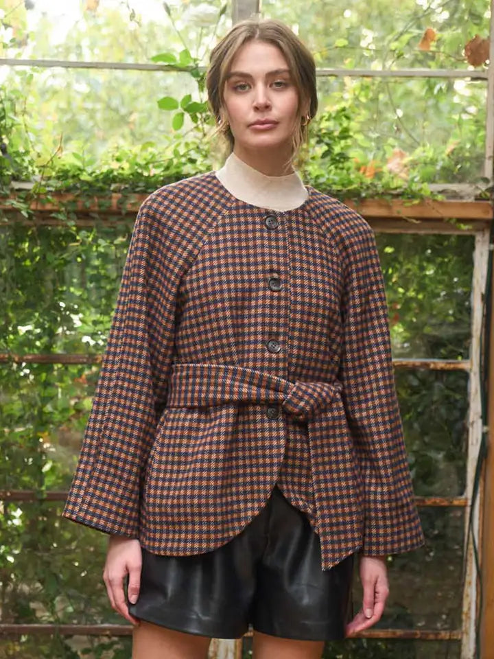 Perla Round Neck Waist Tie Plaid Jacket