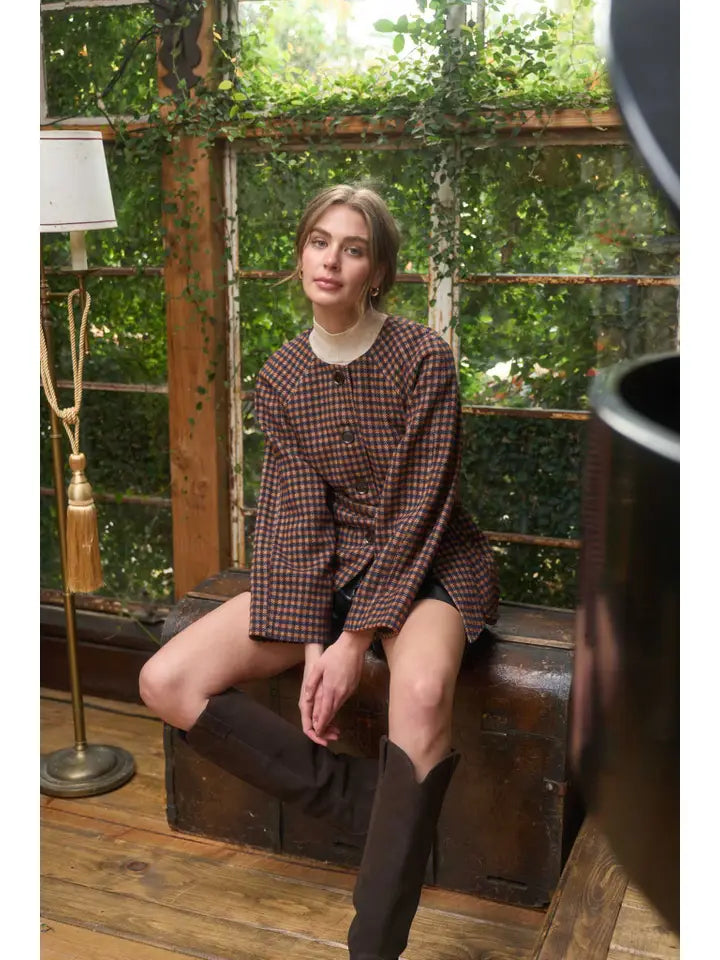 Perla Round Neck Waist Tie Plaid Jacket
