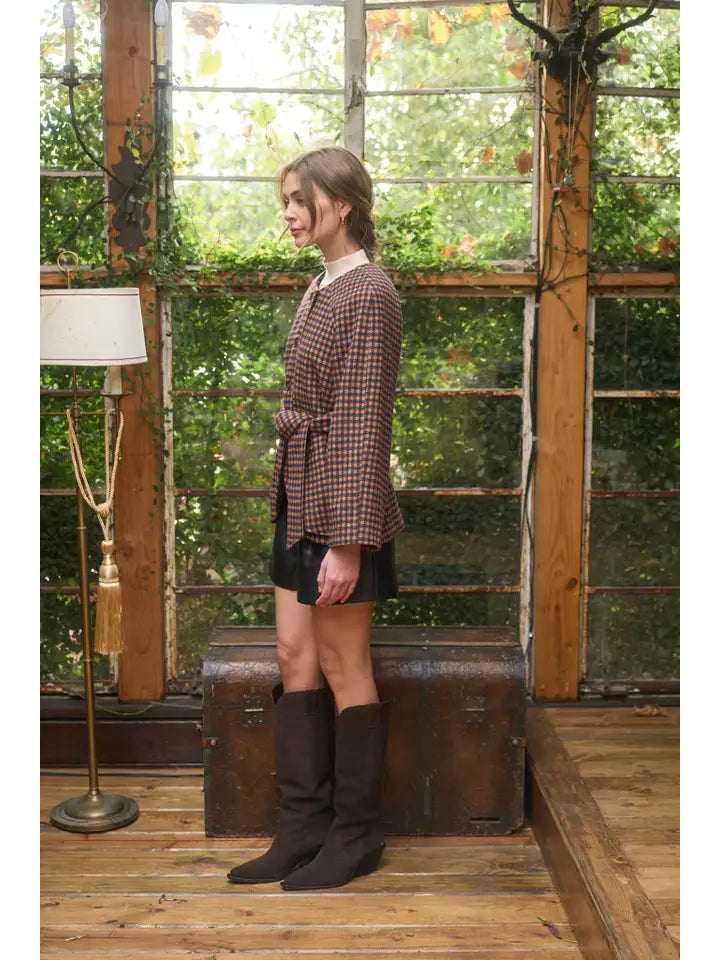 Perla Round Neck Waist Tie Plaid Jacket