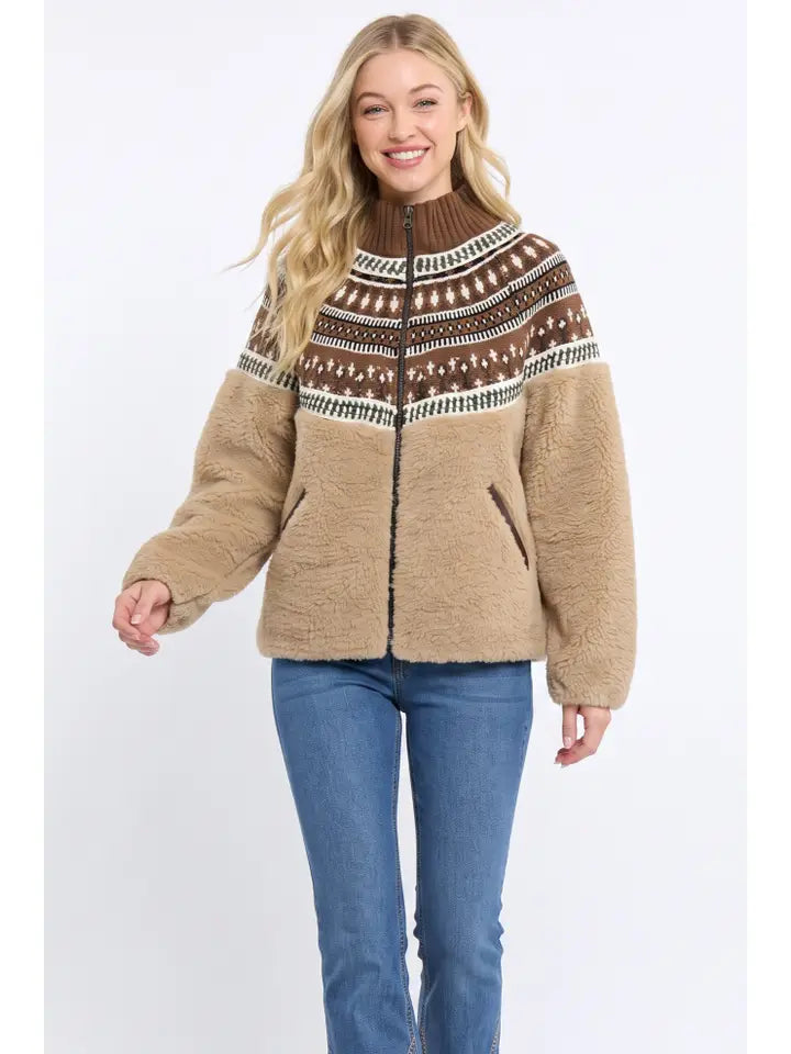 Portia Sherpa Fleece Fair Isle Jacket