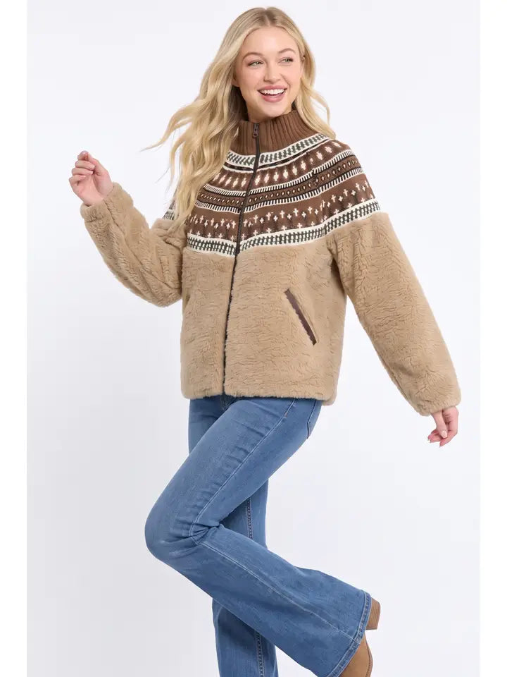 Portia Sherpa Fleece Fair Isle Jacket