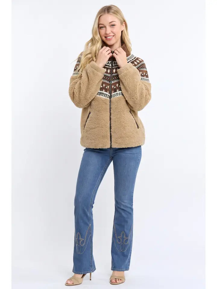 Portia Sherpa Fleece Fair Isle Jacket