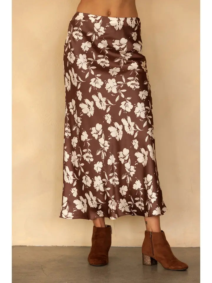 Becca Brown Floral Satin Maxi Skirt