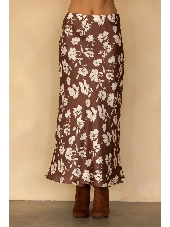 Becca Brown Floral Satin Maxi Skirt