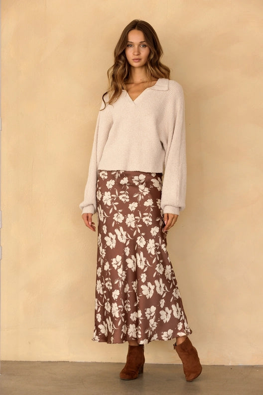 Becca Brown Floral Satin Maxi Skirt