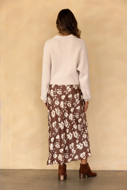 Becca Brown Floral Satin Maxi Skirt