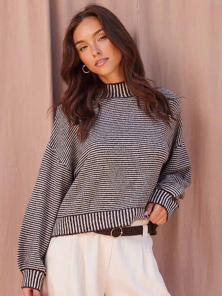 BRee Mock Neck Stripe Knit Sweater